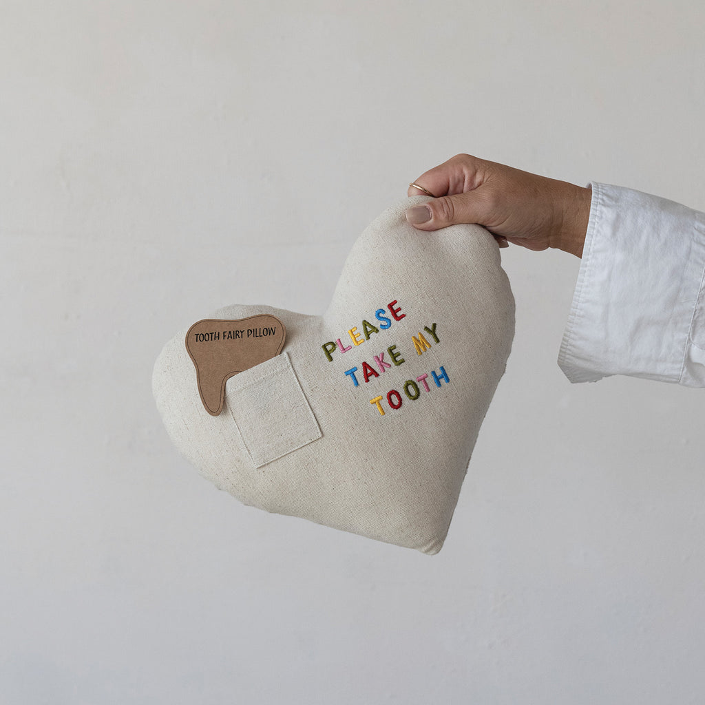 Cotton & Linen Tooth Fairy Pillow with Pocket & Embroidery "Please Take My Tooth"