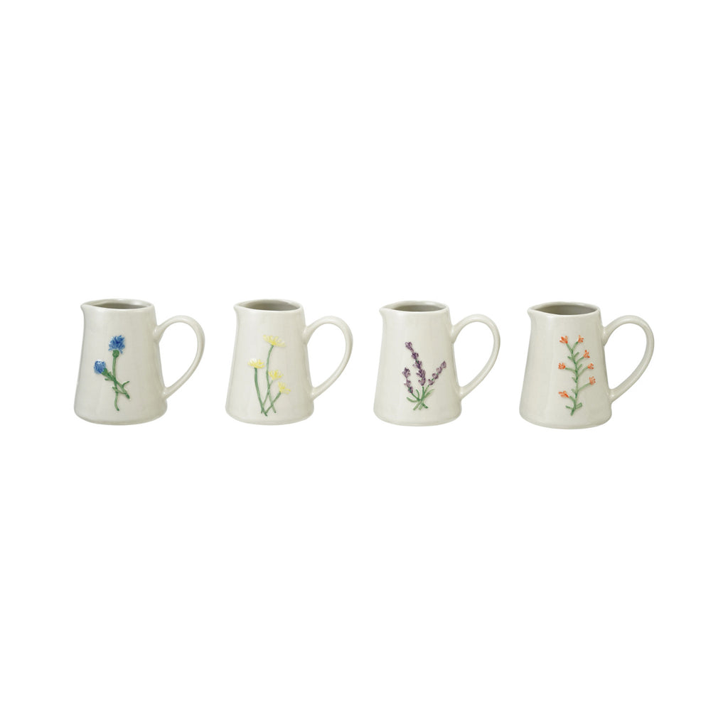 Embossed Stoneware Creamer with Botanicals, 4 Styles