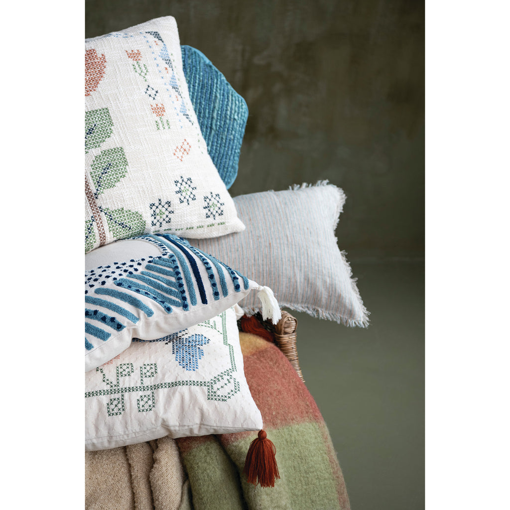 Woven Cotton & Linen Striped Lumbar Pillow with Eyelash Fringe