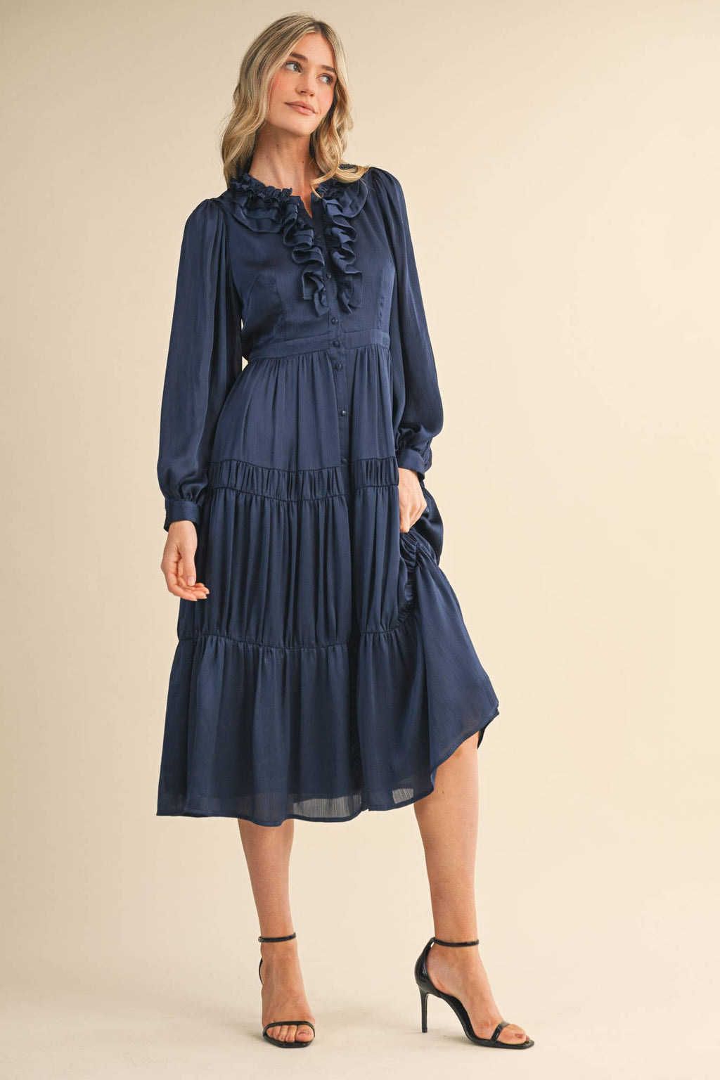 RUFFLE TIERED NECKLINE BUTTON DOWN MIDI DRESS MDR4199