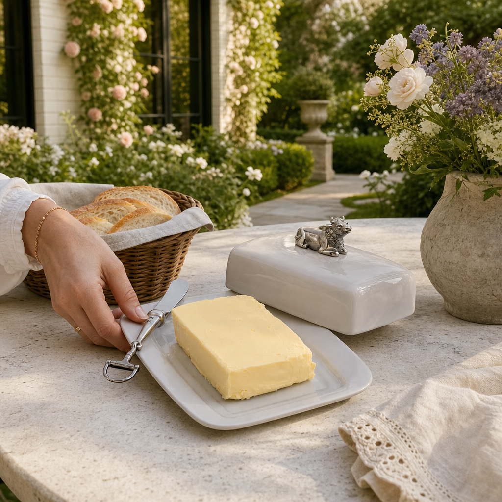 Stoneware Butter Dish with Pewter Mabel the Cow