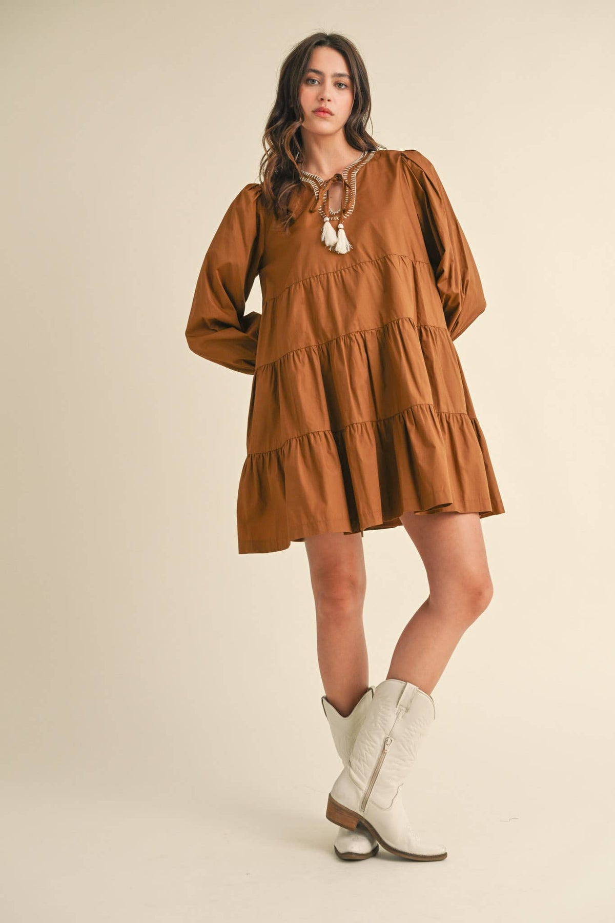 TIE FRONT CONTRAST STITCH MINI DRESS MDR3641