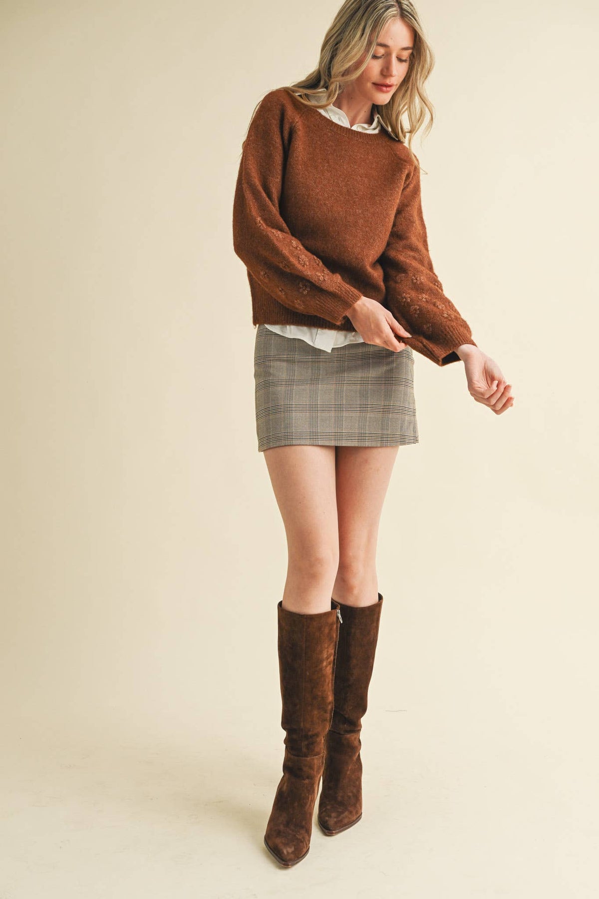 FLORAL KNIT PUFF SLEEVE SWEATER MSW10912