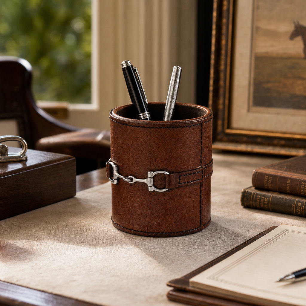 Premium Genuine Leather Stirrup Office Pen Holder