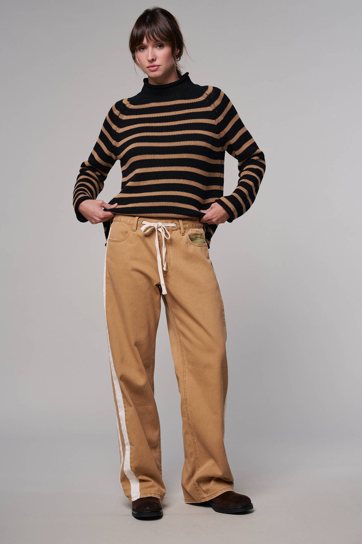 Striped Mock Neck Cotton Knit Sweater