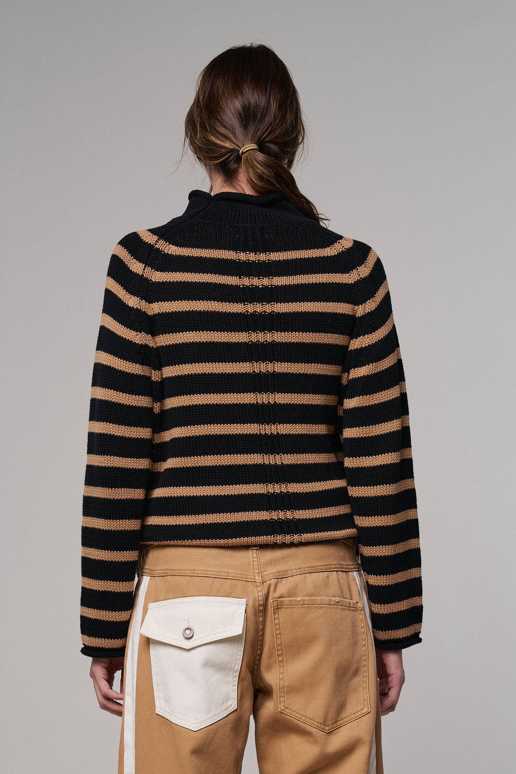 Striped Mock Neck Cotton Knit Sweater