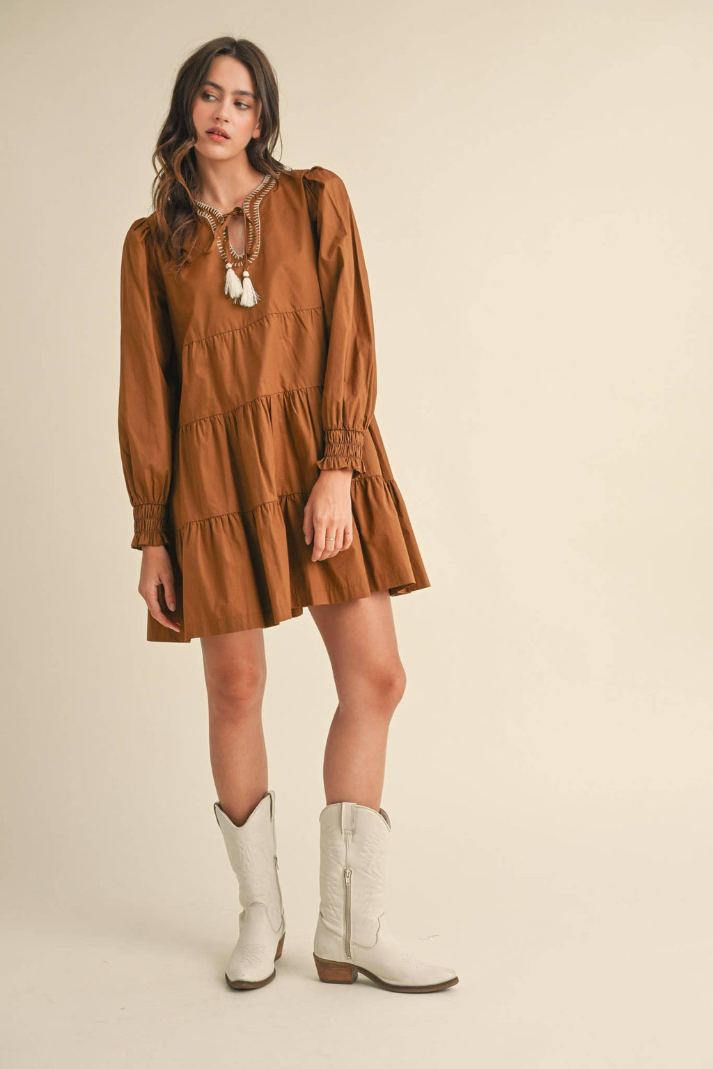 TIE FRONT CONTRAST STITCH MINI DRESS MDR3641