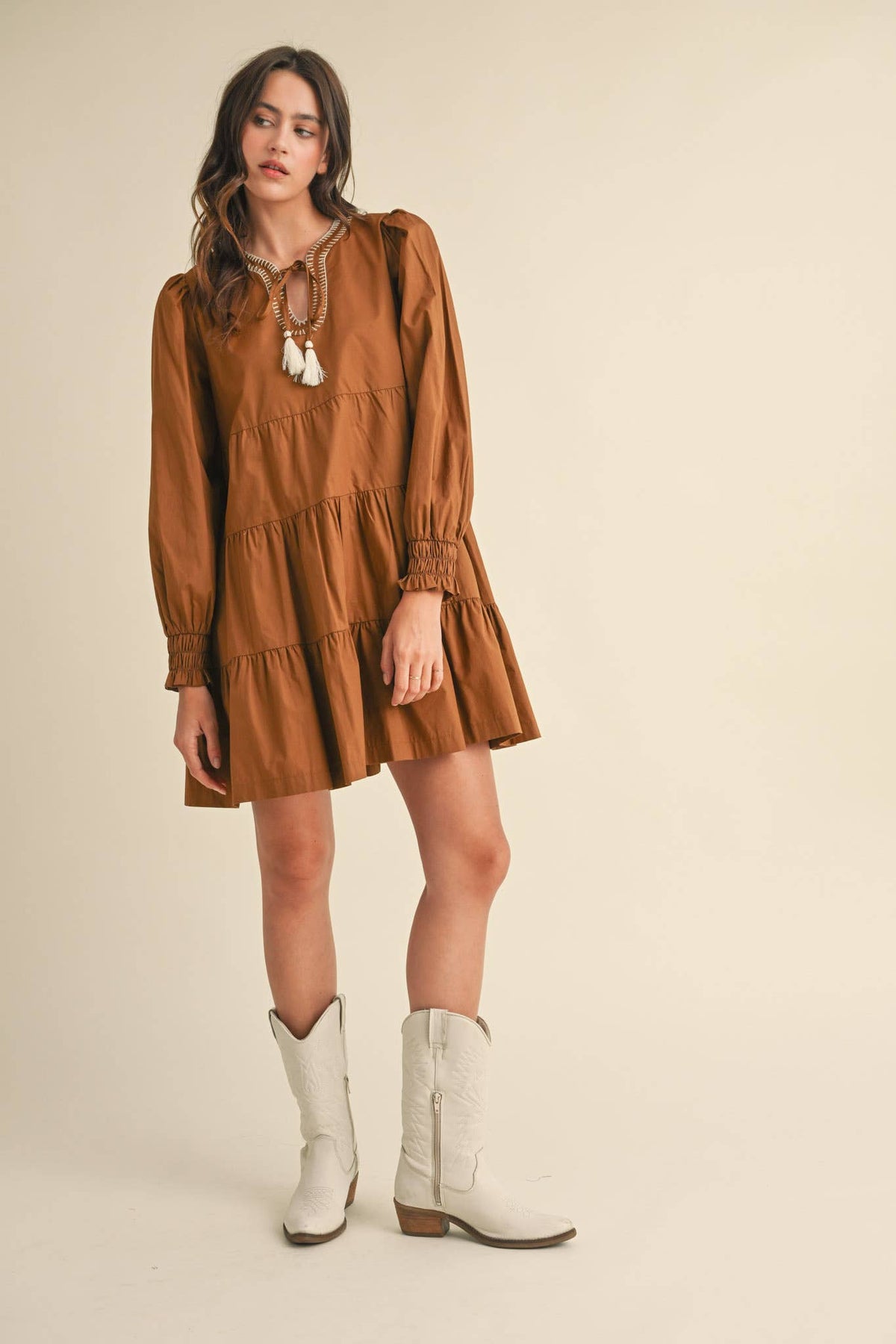 TIE FRONT CONTRAST STITCH MINI DRESS MDR3641