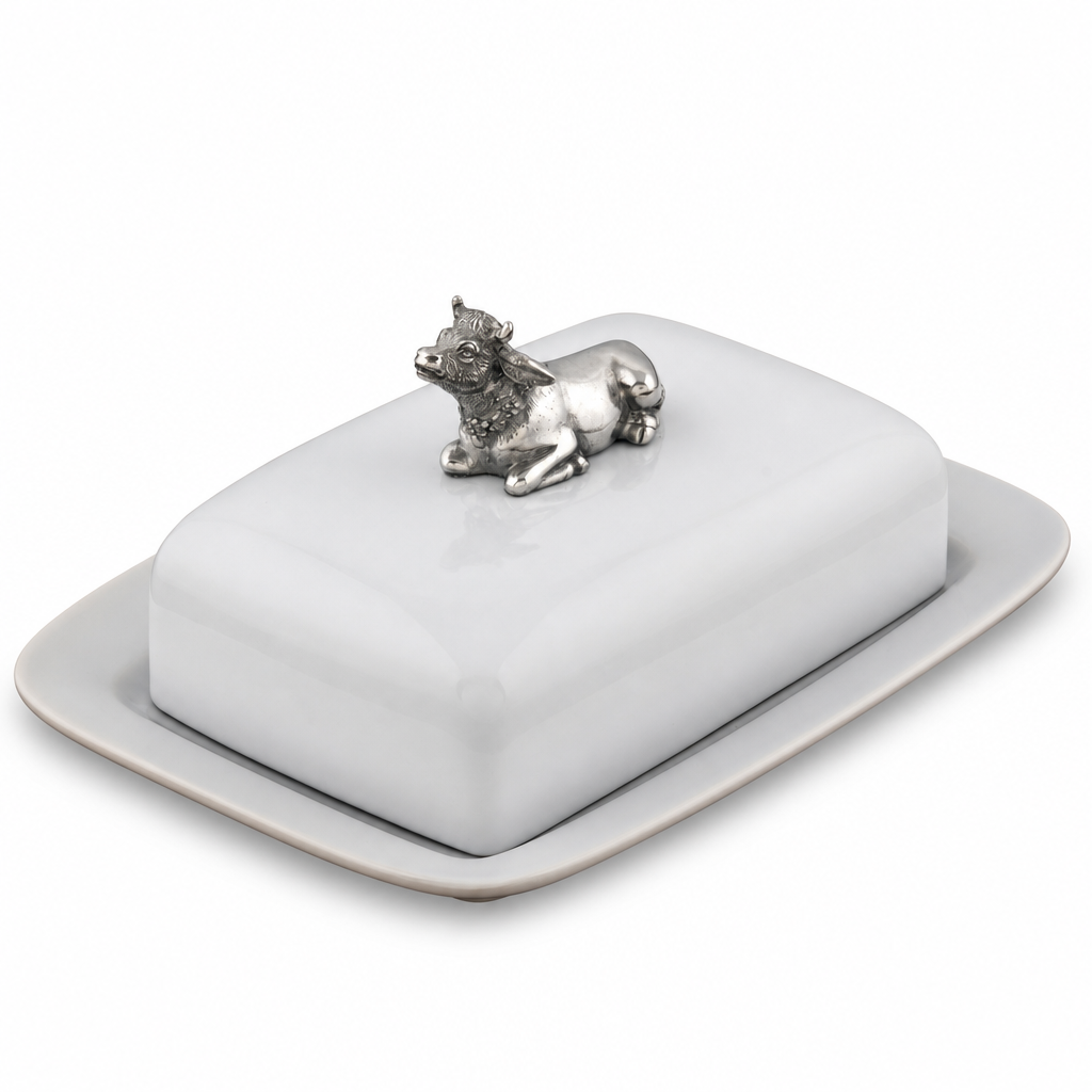 Stoneware Butter Dish with Pewter Mabel the Cow