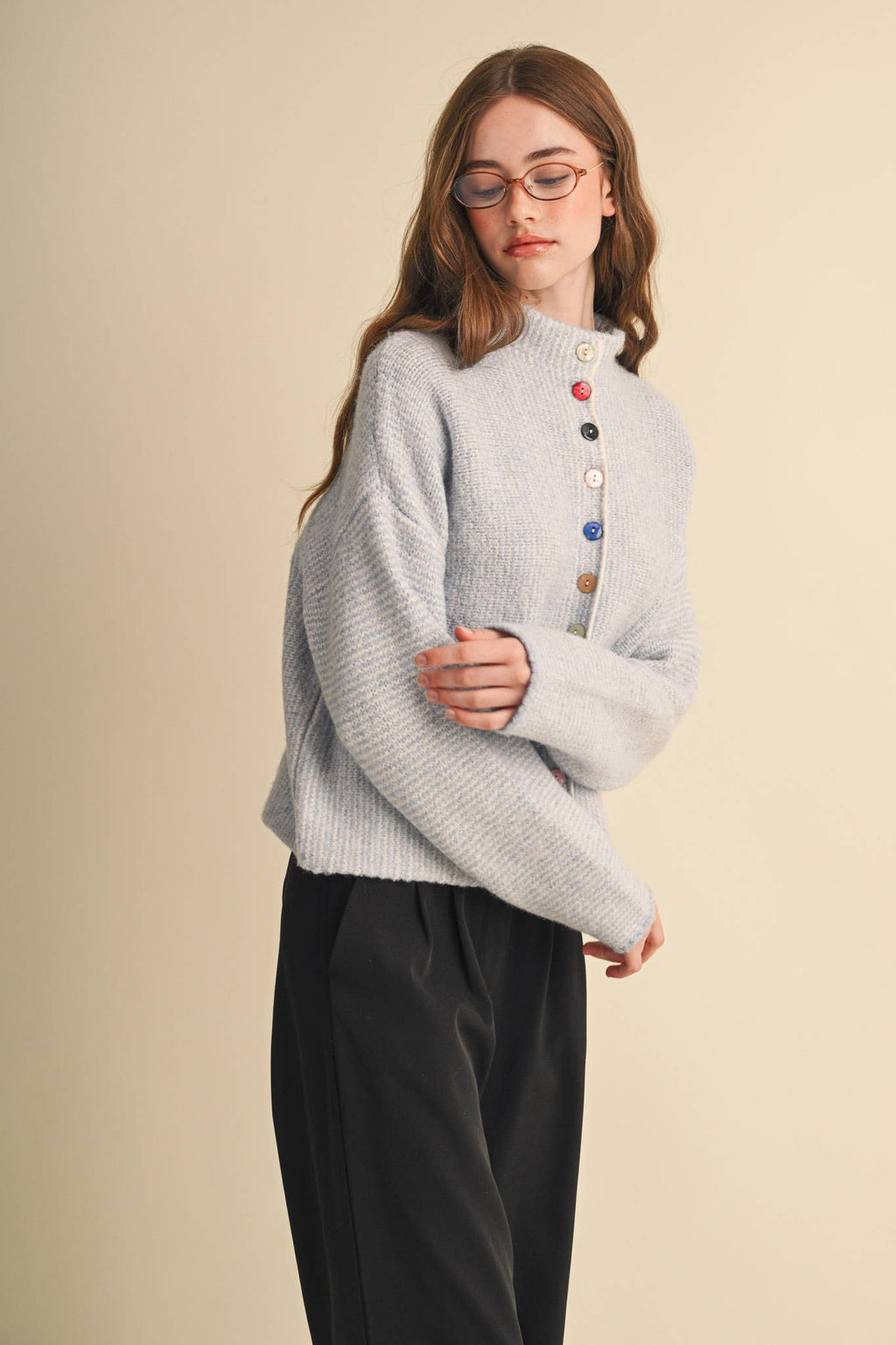 STRIPED SWEATER CARDIGAN WITH COLORFUL BUTTONS MSW11250