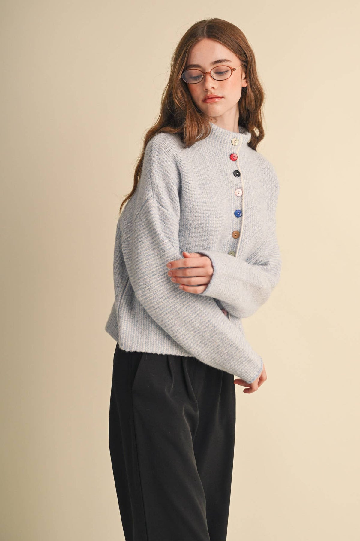 STRIPED SWEATER CARDIGAN WITH COLORFUL BUTTONS MSW11250