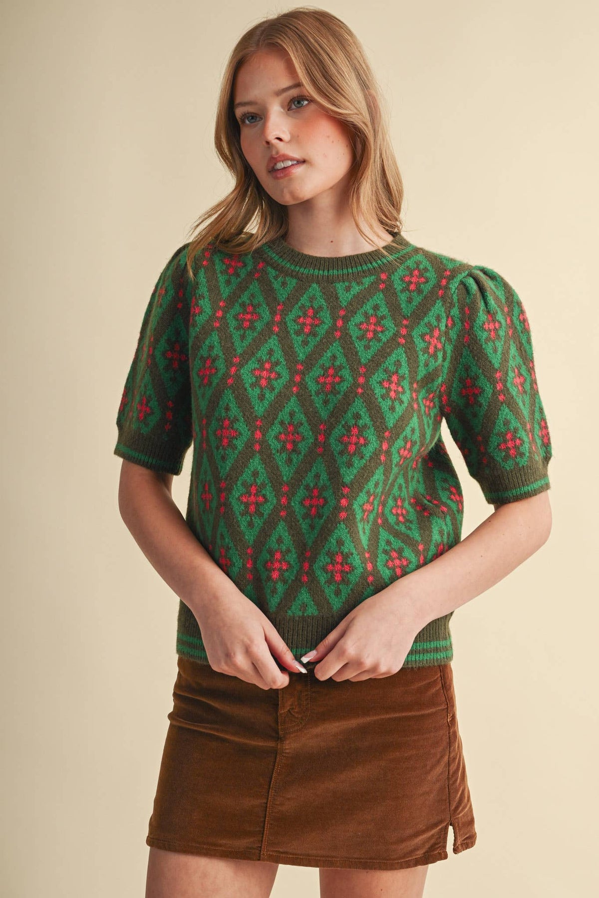 GEOMETRIC KNIT SHORT SLEEVE SWEATER MSW11653