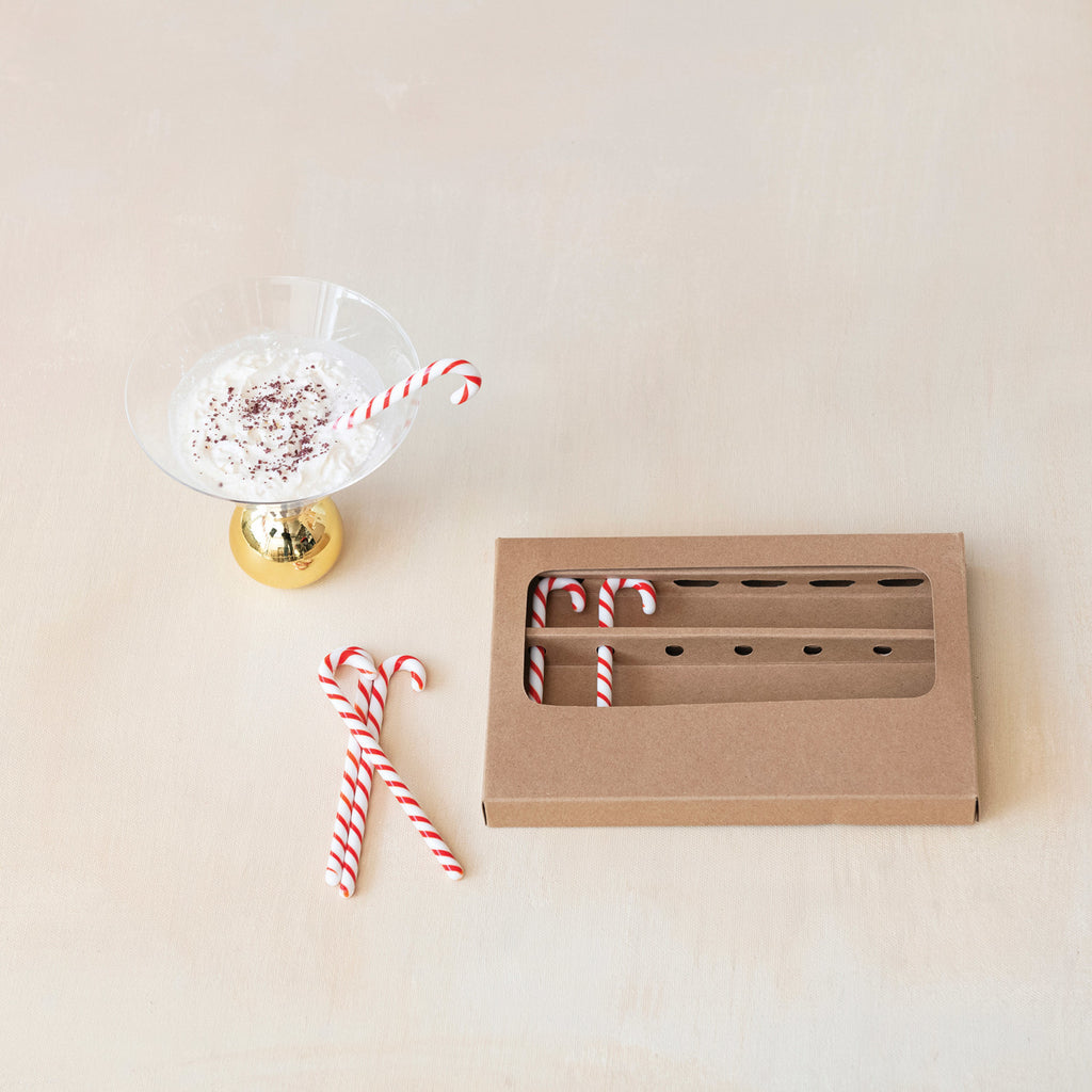 Glass Candy Cane Shaped Stir Sticks Boxed Set of 6
