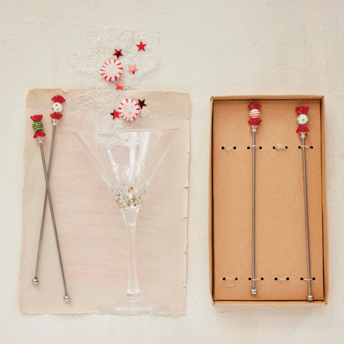 Cocktail Stirrers with Hand-Blown Glass Candies, Boxed Set of 4